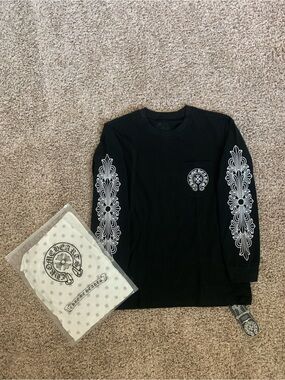 Chrome Hearts Black Long Sleeve Pocket Tee with White Sleeve Graphics